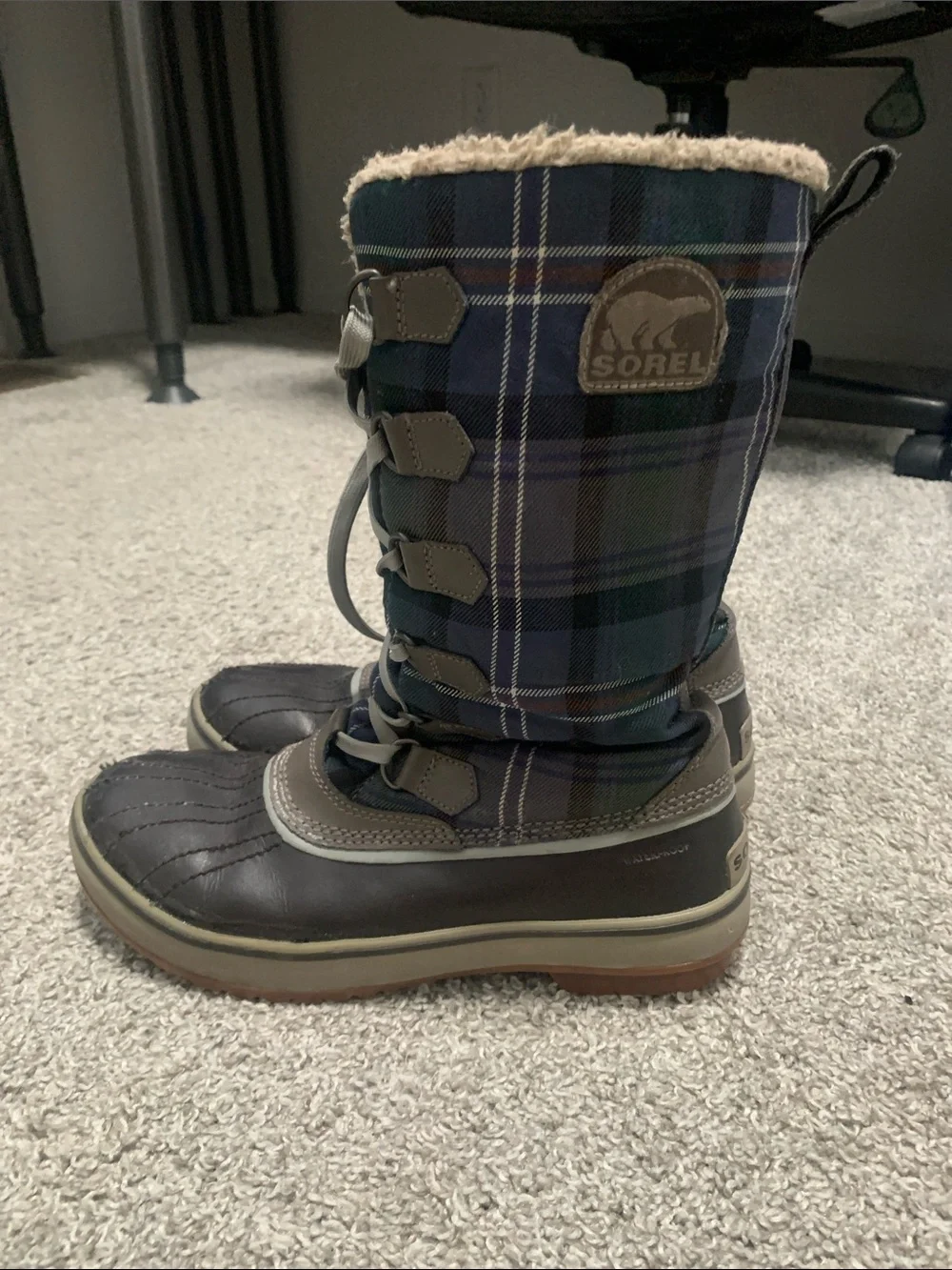 Sorel Tivoli Blue Plaid Tall Lace-Up Rain & Snow Boots